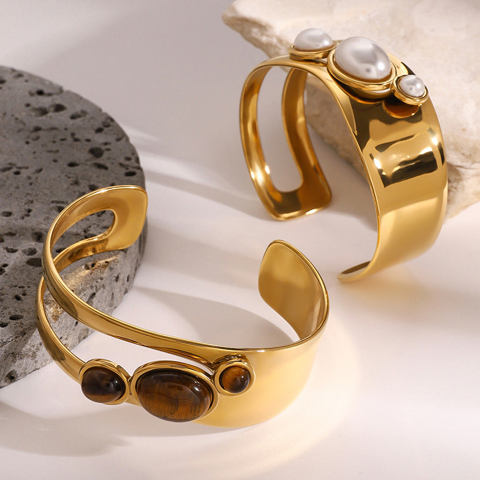 Stainless steel 18k gold-plated open-work pearl bracelet