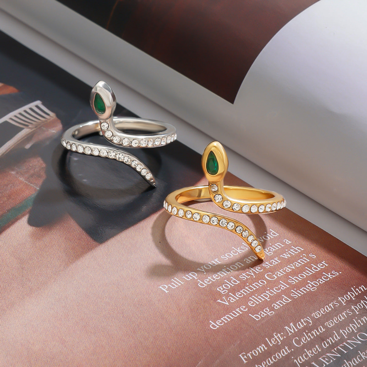 Stainless steel 18k gold-plated zircon snake ring