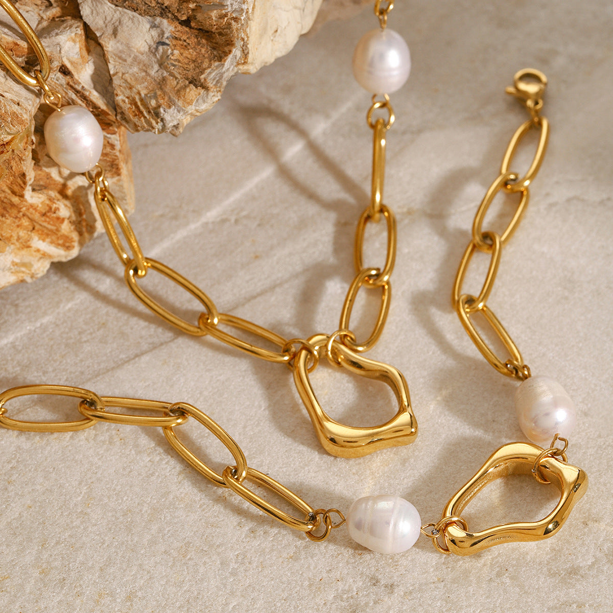 Stainless steel 18k gold-plated pearl jewelry set