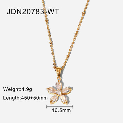 Stainless steel 18k gold-plated white zircon flower pendant necklace