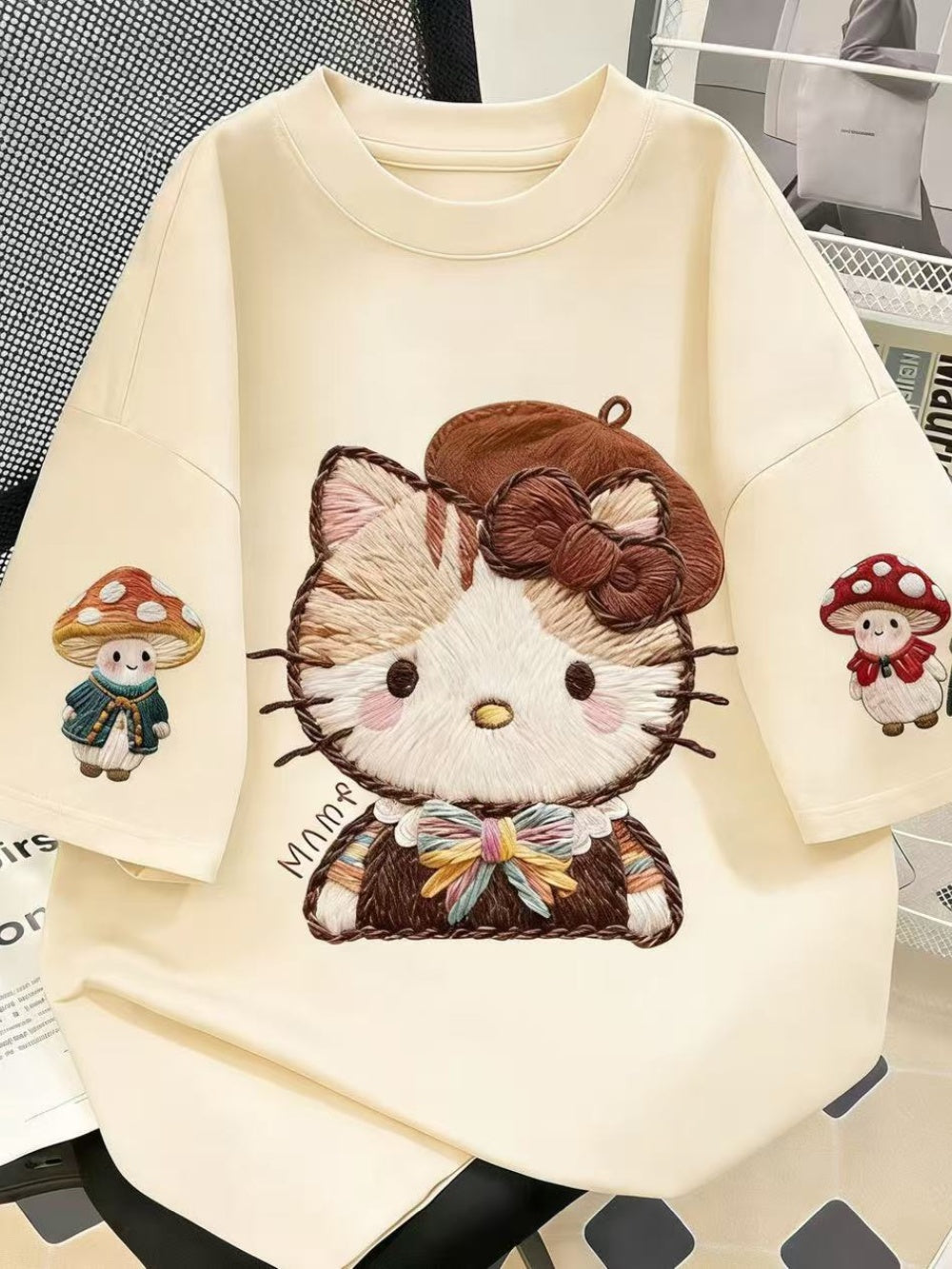 Embroidered Hello Kitty Oversized Cotton T-Shirt, Mushroom Print Casual Tee