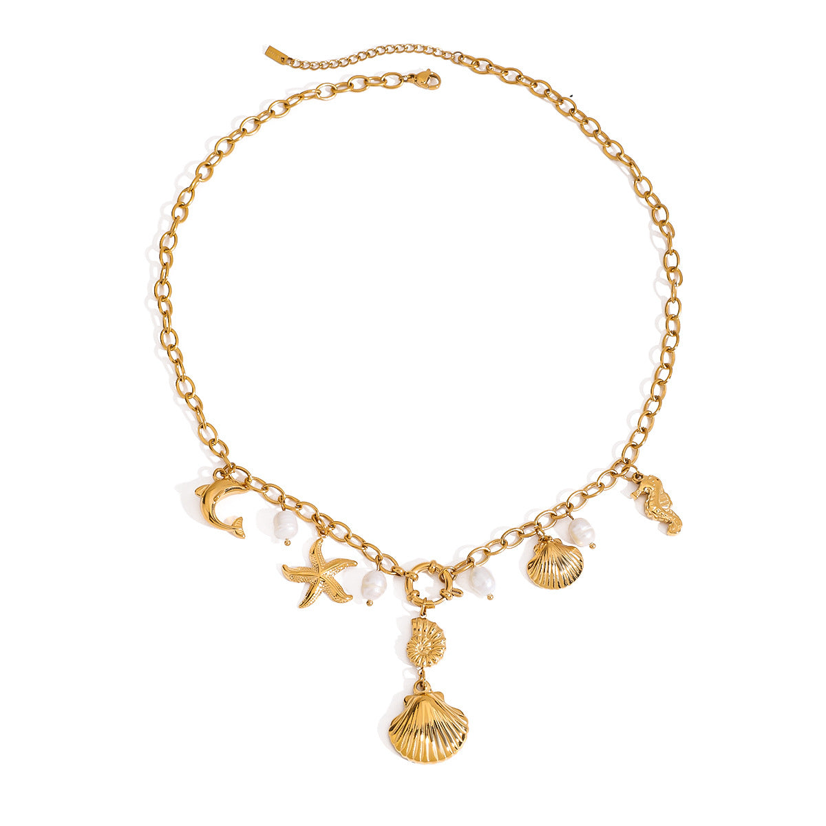 Stainless steel 18k gold-plated shell and pearl pendant necklace