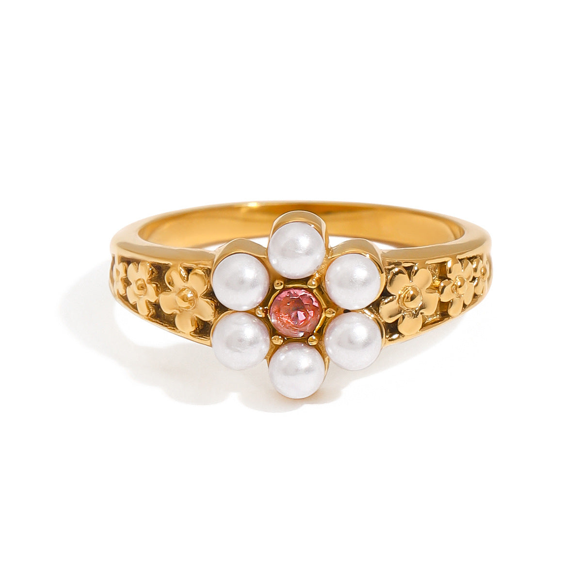 Stainless steel 18k gold-plated pearl flower ring
