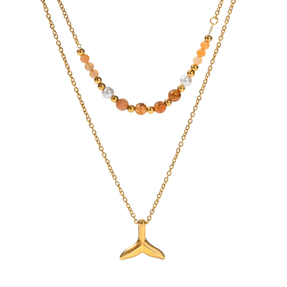 Stainless steel 18k gold-plated double-layered fish tail pendant necklace
