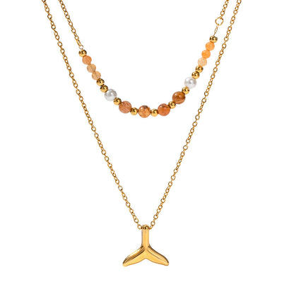 Stainless steel 18k gold-plated double-layered fish tail pendant necklace