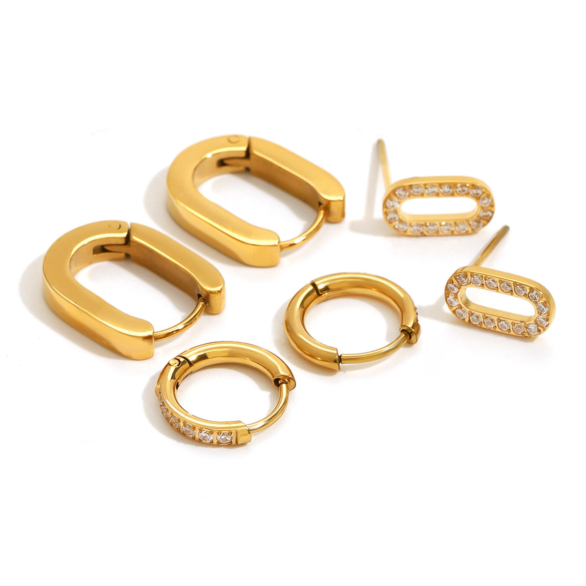 3 pairs of Stainless Steel 18k Gold-plated Circle Rhinestone Earrings