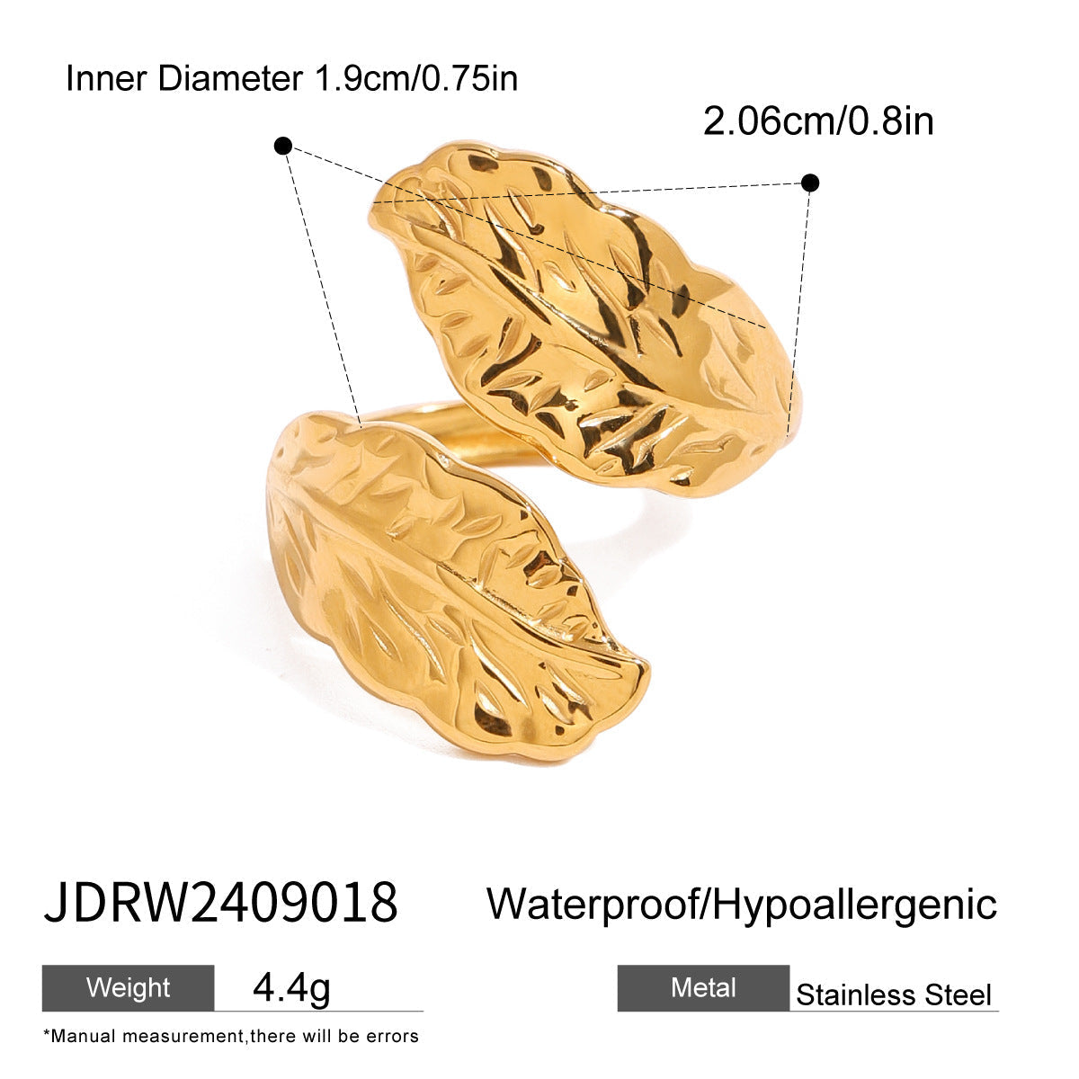 Stainless steel 18k gold-plated leaf-shaped ring