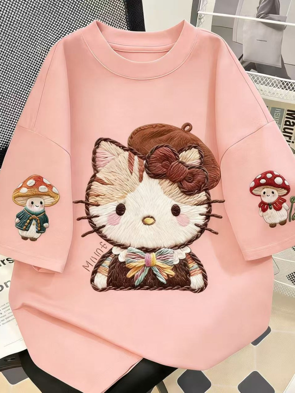 Embroidered Hello Kitty Oversized Cotton T-Shirt, Mushroom Print Casual Tee