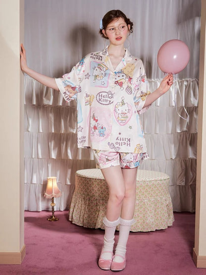 Hello Kitty All Over Print Satin Short Sleeve Shirt & Shorts Pajama Set, Oversized Women Loungewear