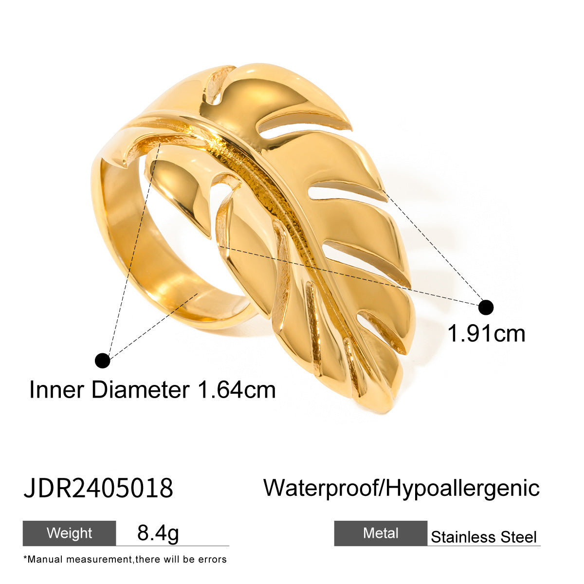 Stainless steel 18k gold-plated leaf-shaped ring