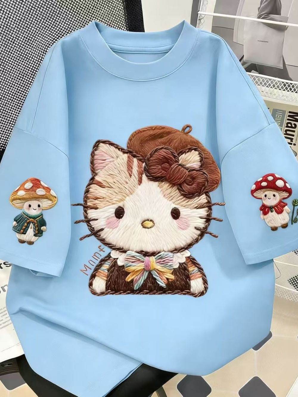 Embroidered Hello Kitty Oversized Cotton T-Shirt, Mushroom Print Casual Tee