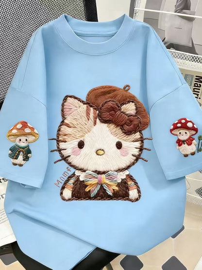 Embroidered Hello Kitty Oversized Cotton T-Shirt, Mushroom Print Casual Tee