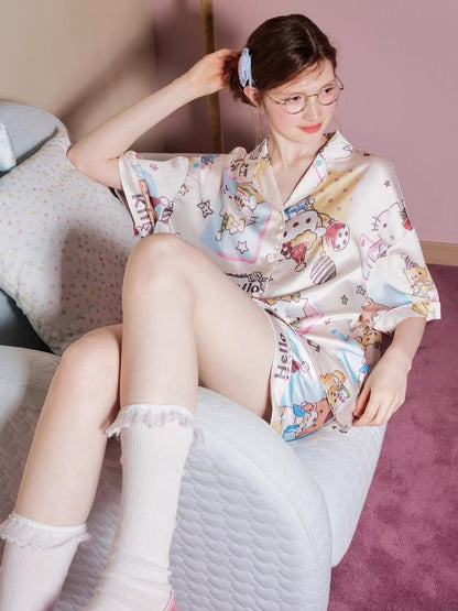 Hello Kitty All Over Print Satin Short Sleeve Shirt & Shorts Pajama Set, Oversized Women Loungewear