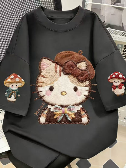 Embroidered Hello Kitty Oversized Cotton T-Shirt, Mushroom Print Casual Tee
