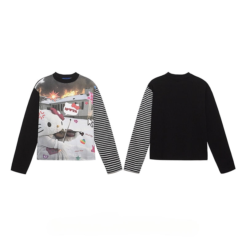HK Striped Long Sleeve T-Shirt for Women – Cute Kitty Print Cropped Top, Casual Loose Fit Autumn Tee