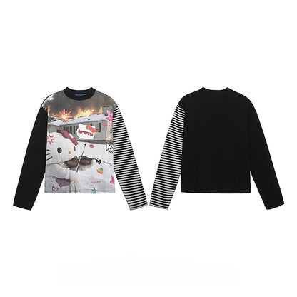 HK Striped Long Sleeve T-Shirt for Women – Cute Kitty Print Cropped Top, Casual Loose Fit Autumn Tee