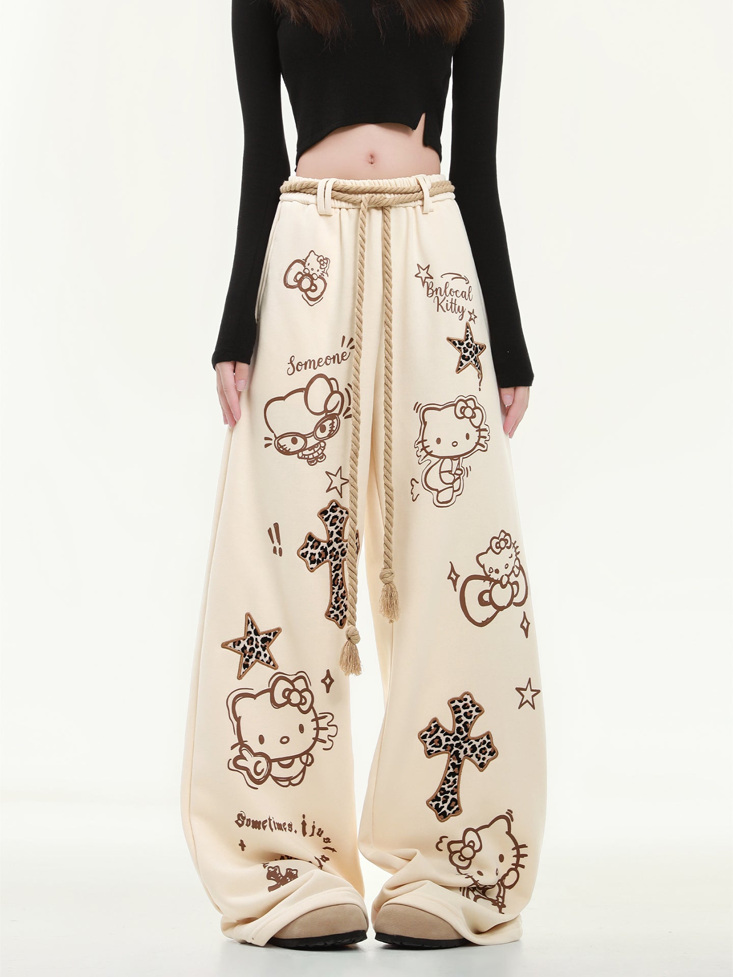 HK Wide Leg Sweatpants for Women – KT Print Loose Fit Casual Pants, Autumn Straight Leg Trousers