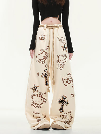HK Wide Leg Sweatpants for Women – KT Print Loose Fit Casual Pants, Autumn Straight Leg Trousers