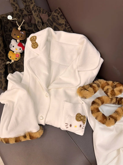 Hello Kitty Ivory Pajama Set with Leopard Trim