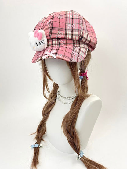 HK Octagon Beret Cap – Cute Pink Painter Hat with Retro Brim Style, Adjustable Fit (54–59cm)