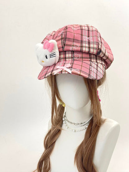 HK Octagon Beret Cap – Cute Pink Painter Hat with Retro Brim Style, Adjustable Fit (54–59cm)