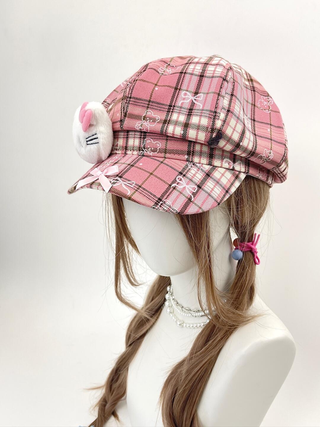 HK Octagon Beret Cap – Cute Pink Painter Hat with Retro Brim Style, Adjustable Fit (54–59cm)
