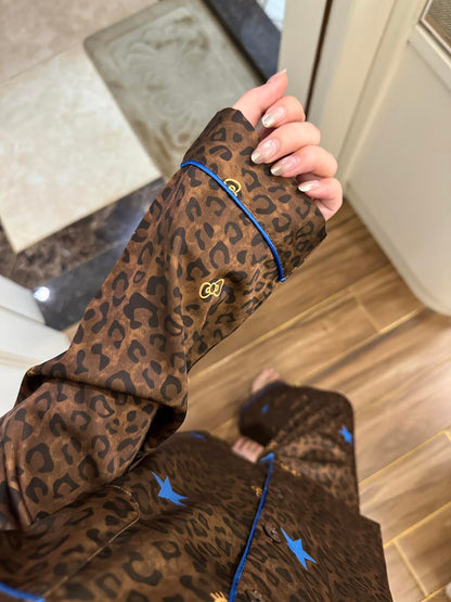 Blue Star Leopard HK Satin Pajama Set – Soft Silky Sleepwear for Women, Loungewear with Kawaii Kitty Design