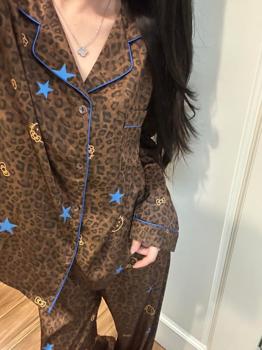 Blue Star Leopard HK Satin Pajama Set – Soft Silky Sleepwear for Women, Loungewear with Kawaii Kitty Design