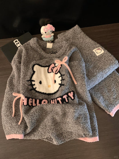 HK Coral Fleece Pajamas Set for Women, Autumn Winter Hello Kitty Loungewear, Cozy Homewear Sleepwear Set