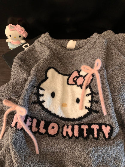 HK Coral Fleece Pajamas Set for Women, Autumn Winter Hello Kitty Loungewear, Cozy Homewear Sleepwear Set