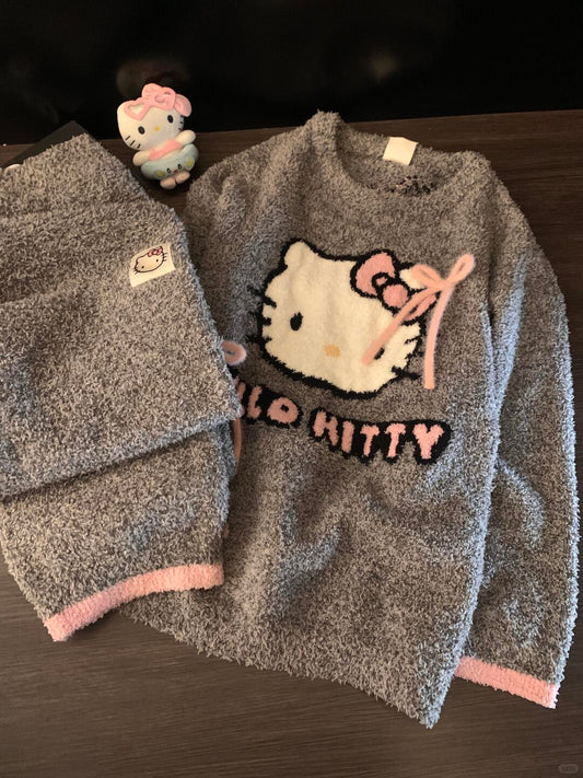 HK Coral Fleece Pajamas Set for Women, Autumn Winter Hello Kitty Loungewear, Cozy Homewear Sleepwear Set