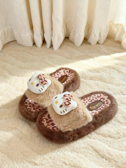 HK Leopard Plush Winter Slippers 01251014, Cute Cozy Fuzzy Indoor Shoes, Warm Kawaii House Slides, Soft HK Style Gift