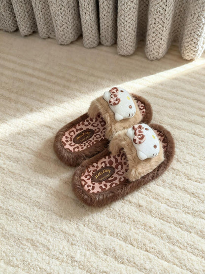 HK Leopard Plush Winter Slippers 01251014, Cute Cozy Fuzzy Indoor Shoes, Warm Kawaii House Slides, Soft HK Style Gift