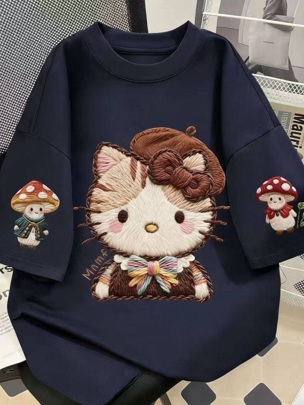Embroidered Hello Kitty Oversized Cotton T-Shirt, Mushroom Print Casual Tee