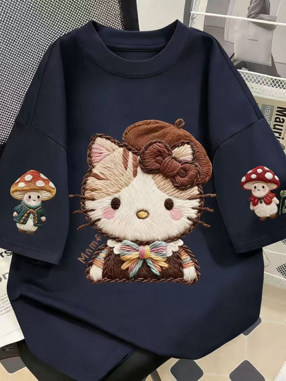 Embroidered Hello Kitty Oversized Cotton T-Shirt, Mushroom Print Casual Tee