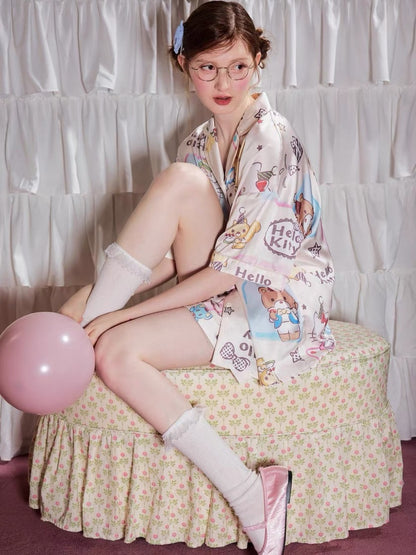 Hello Kitty All Over Print Satin Short Sleeve Shirt & Shorts Pajama Set, Oversized Women Loungewear