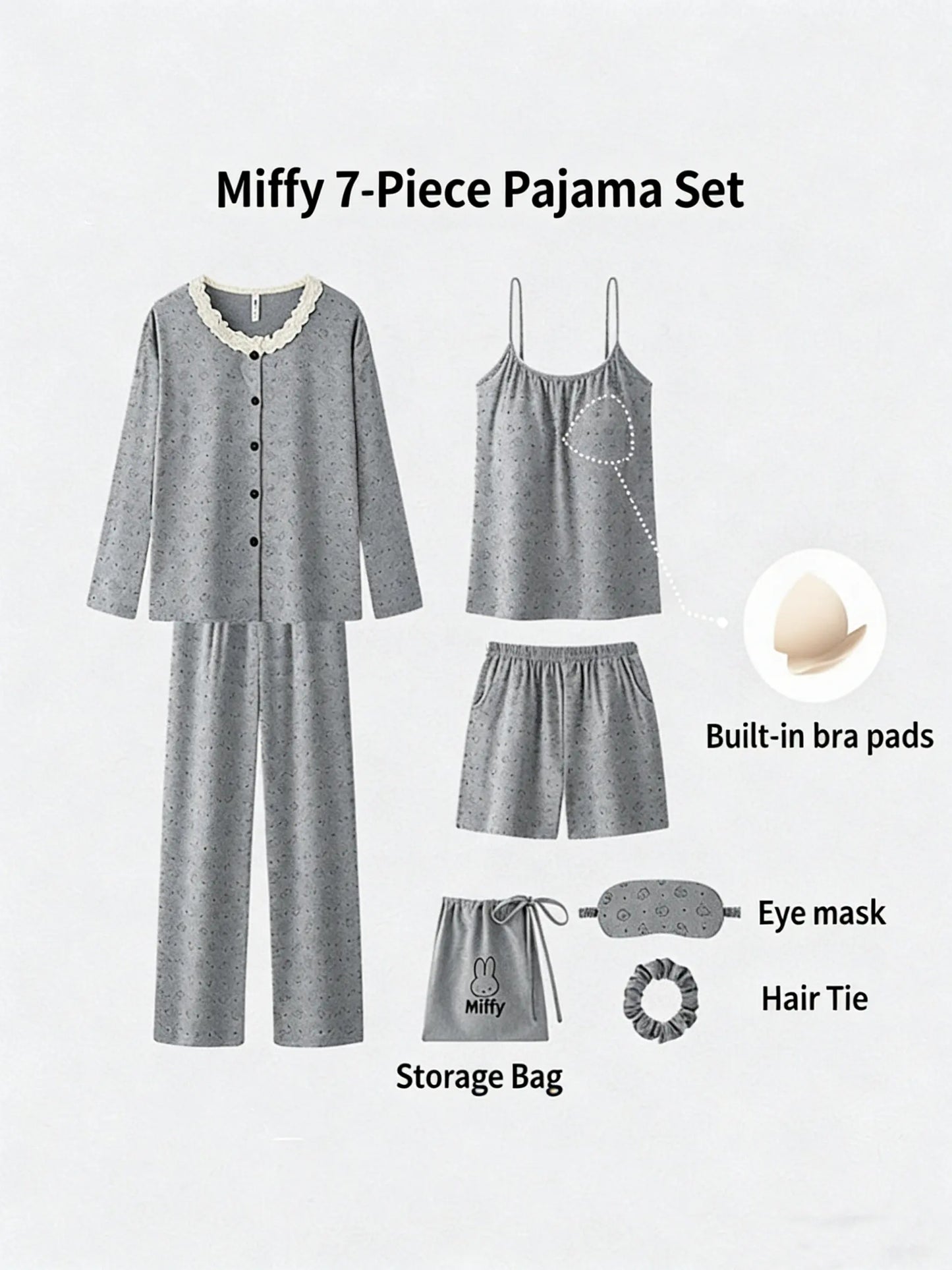 "Miffy Bunny" 7-Piece Grey Cotton Rich Pajama Set with Lace Trim