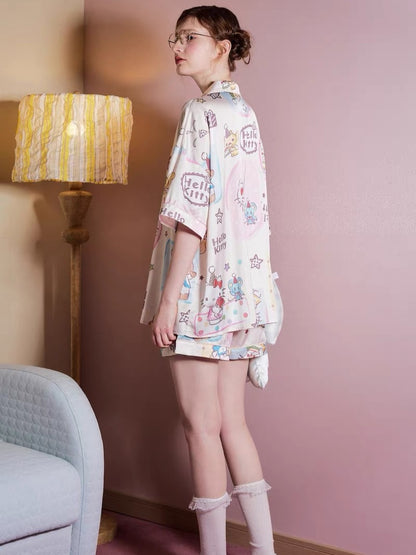 Hello Kitty All Over Print Satin Short Sleeve Shirt & Shorts Pajama Set, Oversized Women Loungewear