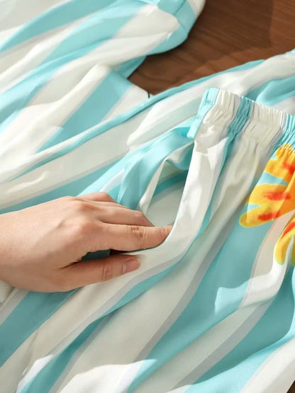 Mint green stripe satin Cartoon Print Pajama Set