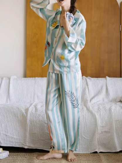 Mint green stripe satin Cartoon Print Pajama Set