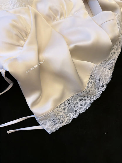 Champagne Lace Trim Satin Camisole Pajama Set for Women