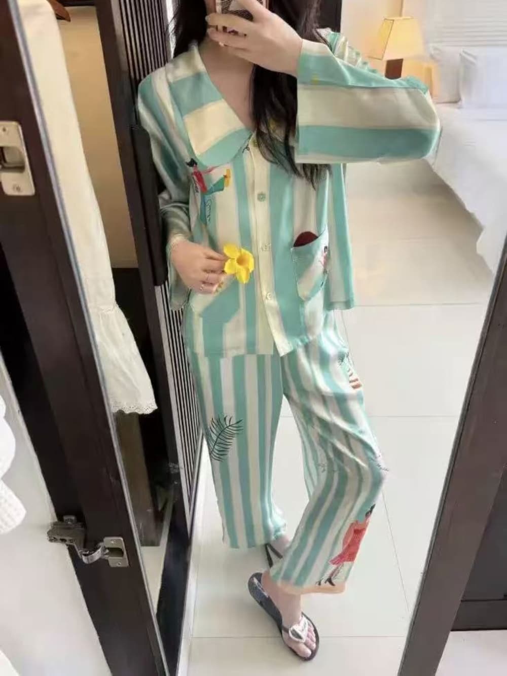 Mint green stripe satin Cartoon Print Pajama Set