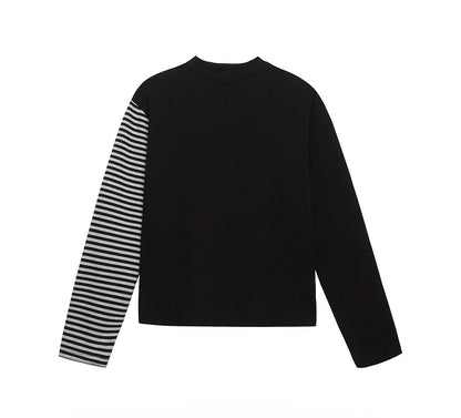 HK Striped Long Sleeve T-Shirt for Women – Cute Kitty Print Cropped Top, Casual Loose Fit Autumn Tee