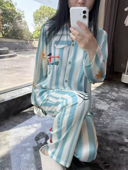 Mint green stripe satin Cartoon Print Pajama Set