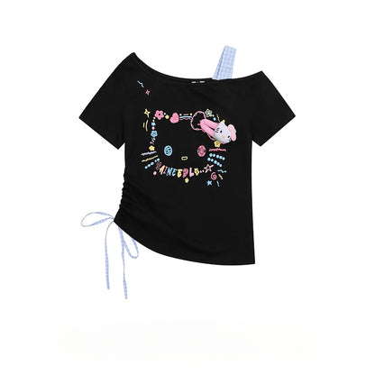 HK Retro Off-Shoulder Tee - Oversized Drawstring Top for Women