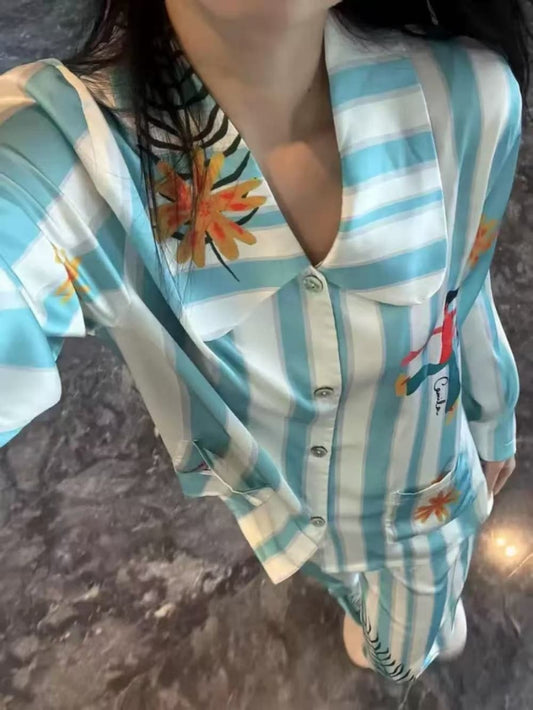 Mint green stripe satin Cartoon Print Pajama Set