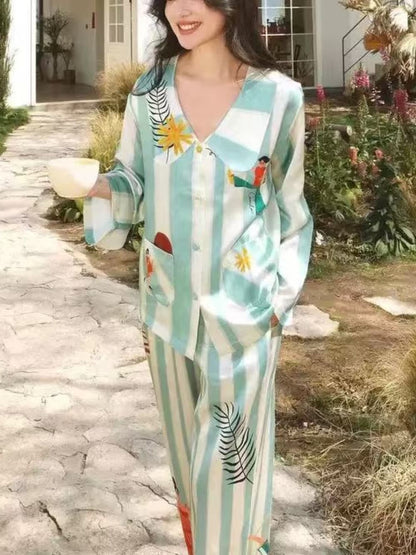 Mint green stripe satin Cartoon Print Pajama Set