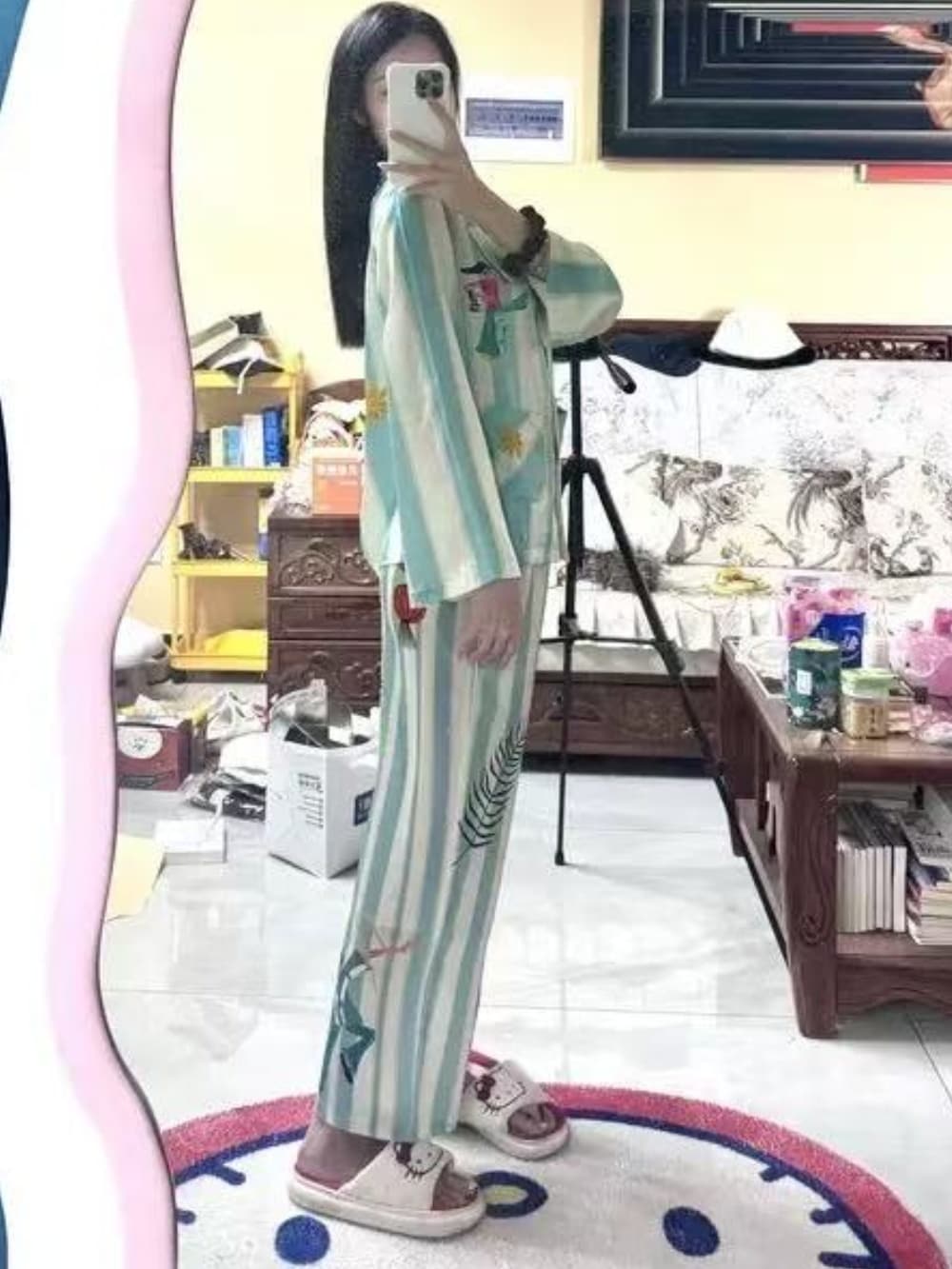 Mint green stripe satin Cartoon Print Pajama Set