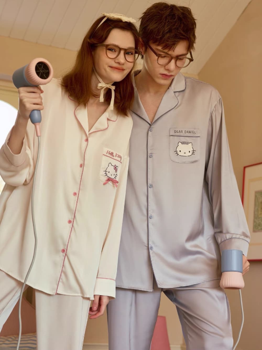 Hello Kitty & Dear Daniel Matching Satin Long-Sleeve Couple Pajama Set, Long-Length Sleepwear