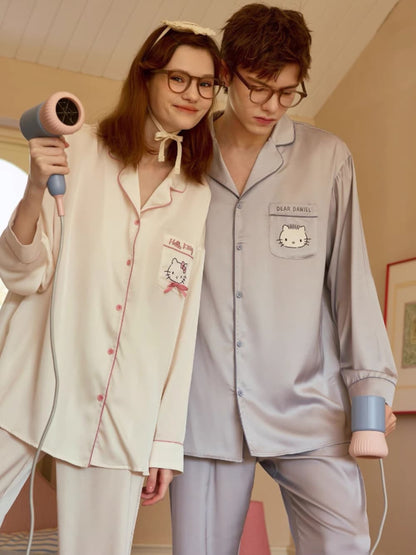 Hello Kitty & Dear Daniel Matching Satin Long-Sleeve Couple Pajama Set, Long-Length Sleepwear